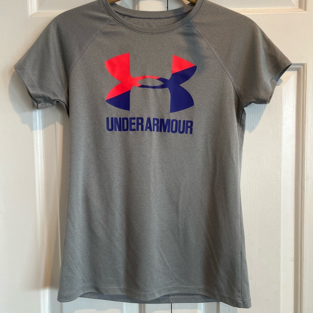 Under Armour Kids Gray Tee with Pink and Blue Logo